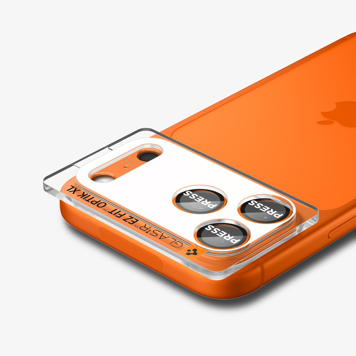 Spigen iPhone 17 Pro Lens Protector – GLAS.tR EZ Fit Optik Pro XL [1 Pack] - Cosmic Orange - alignment tray attached from an angle