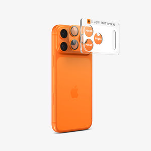 Spigen iPhone 17 Pro Lens Protector – GLAS.tR EZ Fit Optik Pro XL [1 Pack] - Cosmic Orange - lens protector hovering in front of the camera