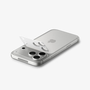 Spigen iPhone 17 Pro Lens Protector – GLAS.tR EZ Fit Optik Pro XL [1 Pack] - Silver - protector partially hovering above the camera