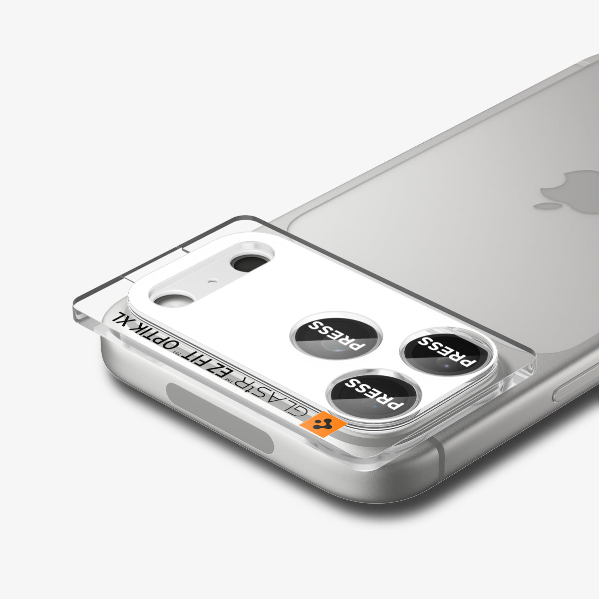 Spigen iPhone 17 Pro Lens Protector – GLAS.tR EZ Fit Optik Pro XL [1 Pack] - Silver - alignment tray attached from an angle