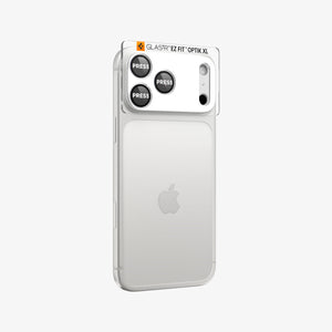 Spigen iPhone 17 Pro Lens Protector – GLAS.tR EZ Fit Optik Pro XL [1 Pack] - Silver - alignment tray attached