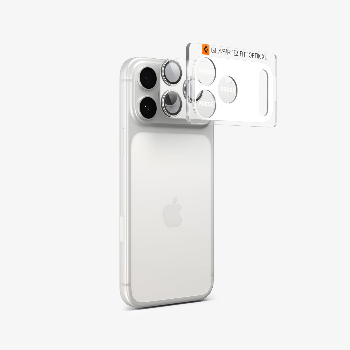 Spigen iPhone 17 Pro Lens Protector – GLAS.tR EZ Fit Optik Pro XL [1 Pack] - Silver - lens protector hovering in front of the camera