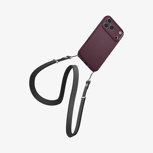 Spigen iPhone 18 Pro Max Liquid Air Dark Cherry – crossbody carry example; strap not included