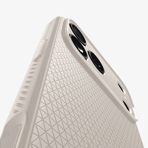 Spigen iPhone 17 Pro Liquid Air case in Natural Titanium – texture and camera detail