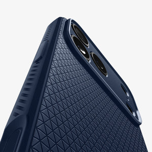 Spigen iPhone 17 Pro Liquid Air case in Navy Blue – texture and camera detail