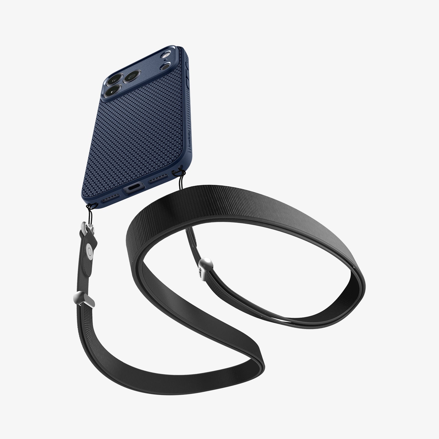 Spigen iPhone 17 Pro Liquid Air case in Navy Blue – crossbody lanyard view