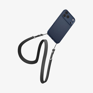 Spigen iPhone 17 Pro Liquid Air case in Navy Blue – wrist lanyard view