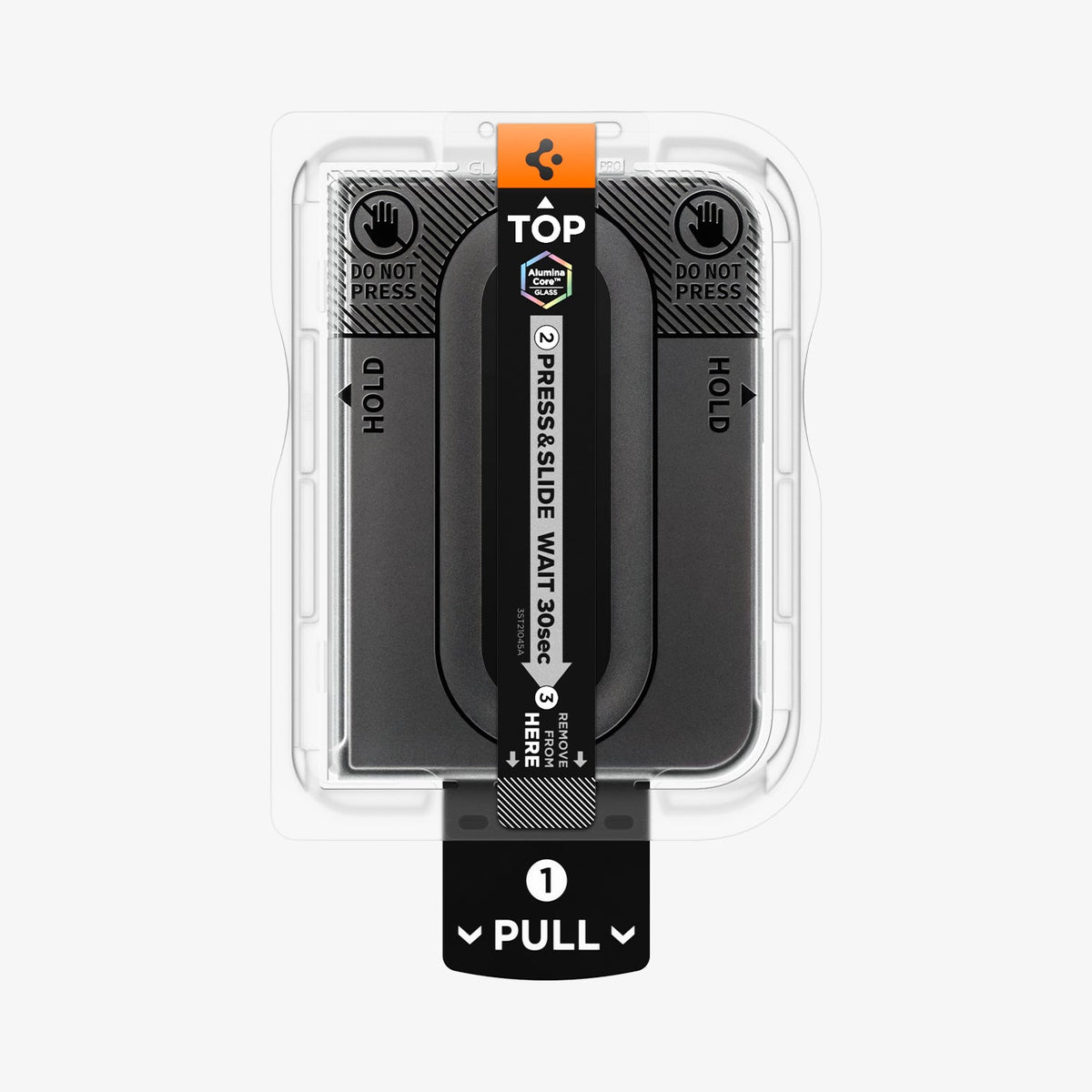 iPhone Duo Glas.tR EZ Fit Pro showing the screen protector installation tray with labeled pull and slide instructions.