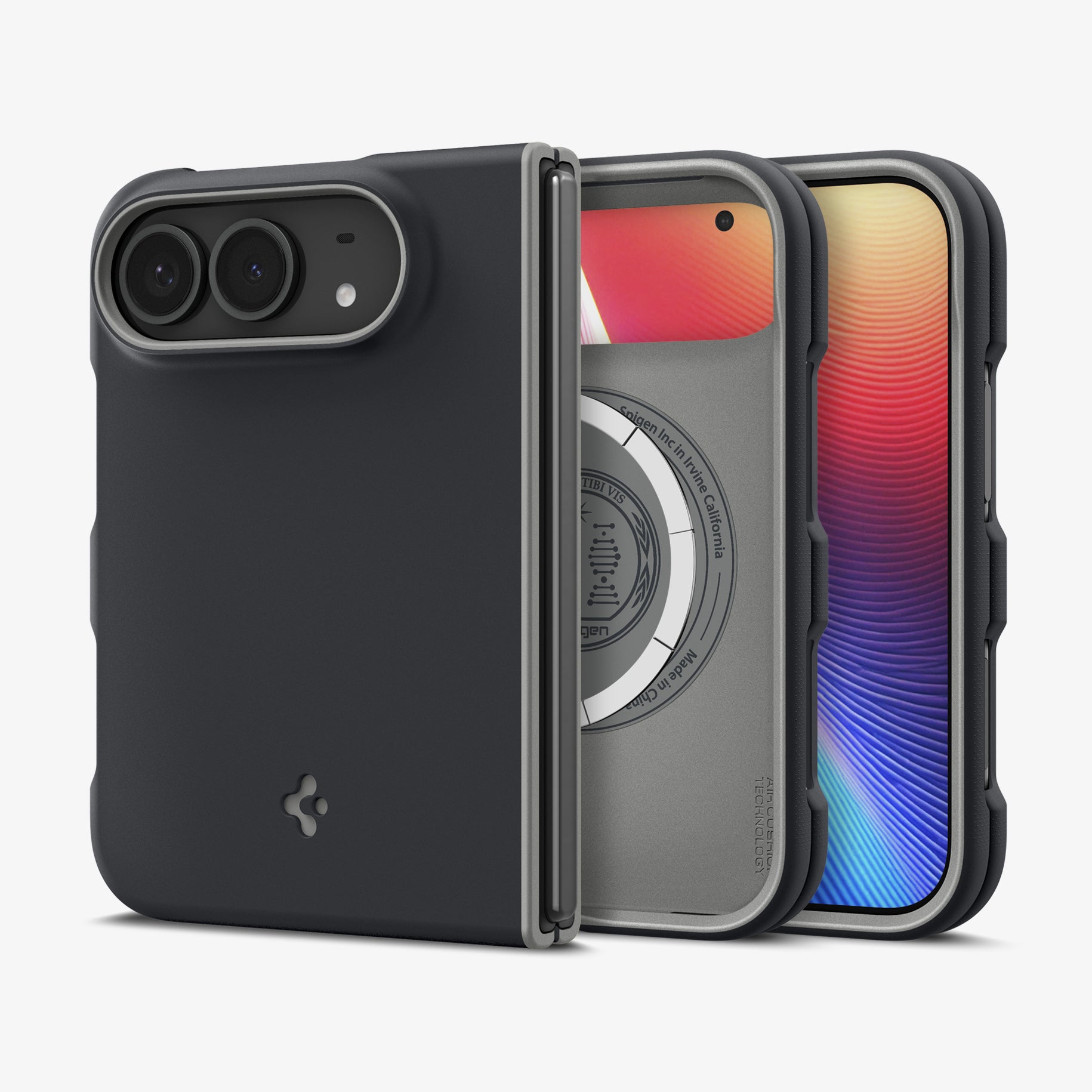 iPhone Duo Nano Pop (Mag Fit) in Black Sesame showing multiple views of the foldable case with contrasting trim, camera protection, and slim profile