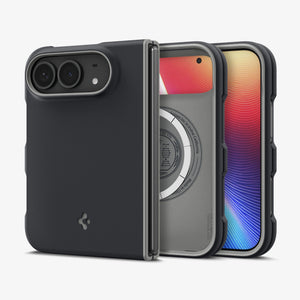 iPhone Duo Nano Pop (Mag Fit) in Black Sesame showing multiple views of the foldable case with contrasting trim, camera protection, and slim profile