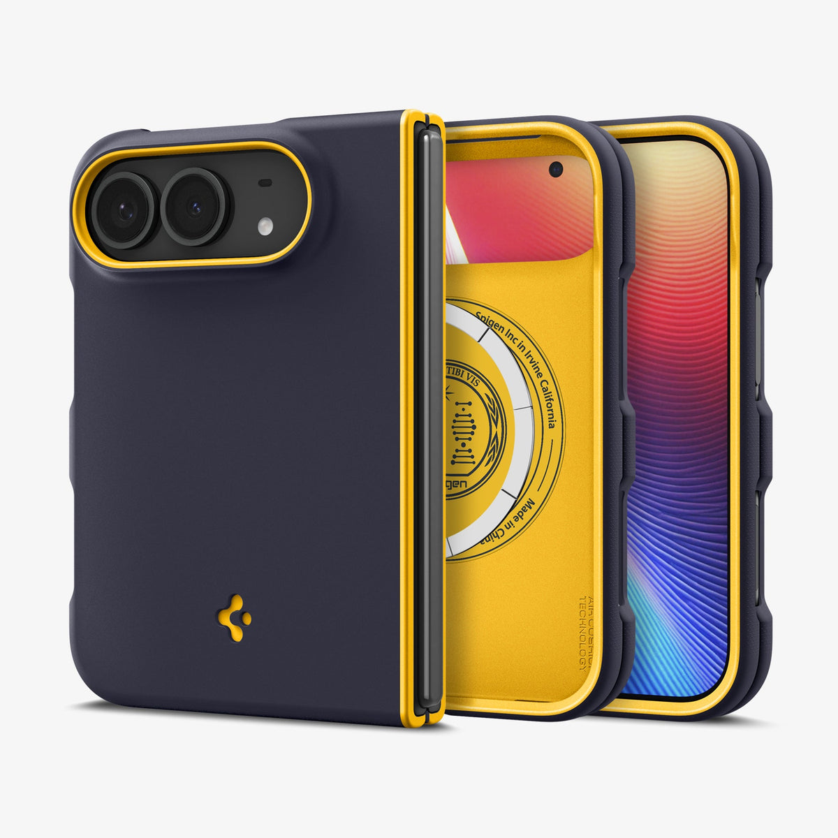iPhone Duo Nano Pop (Mag Fit) in Blueberry Navy showing multiple views of the foldable case with contrasting trim, camera protection, and slim profile