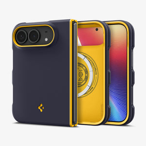 iPhone Duo Nano Pop (Mag Fit) in Blueberry Navy showing multiple views of the foldable case with contrasting trim, camera protection, and slim profile