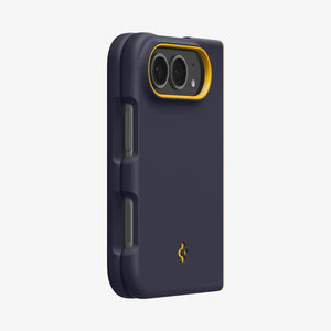 iPhone Duo Nano Pop (Mag Fit) in Blueberry Navy showing an angled rear view highlighting the camera frame, side controls, and textured grip