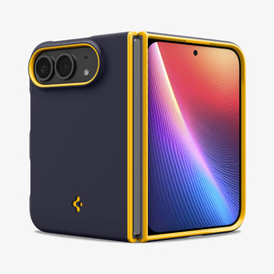 iPhone Duo Nano Pop (Mag Fit) in Blueberry Navy showing front and rear views of the case partially folded with raised protective edges
