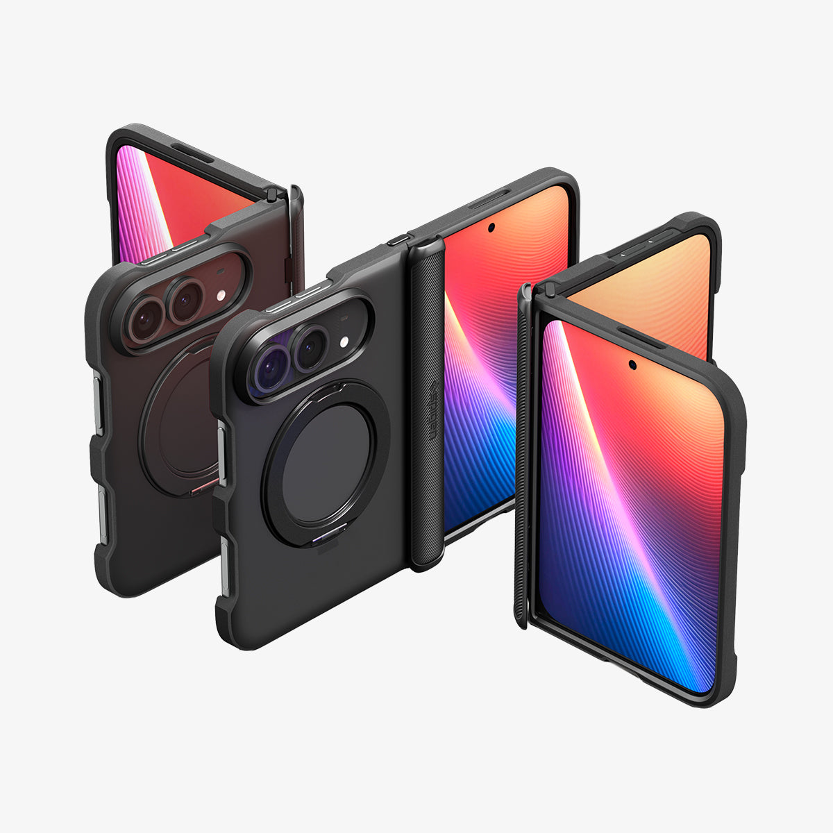 iPhone Duo Slim Armor Pro S (Mag Fit) showing multiple folding positions with circular kickstand and hinge protection