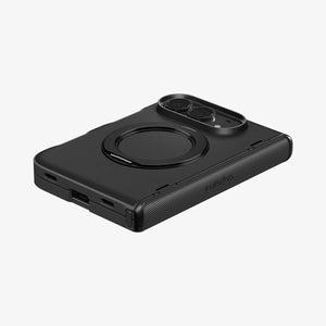 iPhone Duo Slim Armor Pro S (Mag Fit) showing the case folded with circular kickstand, raised camera edges, and textured hinge protection