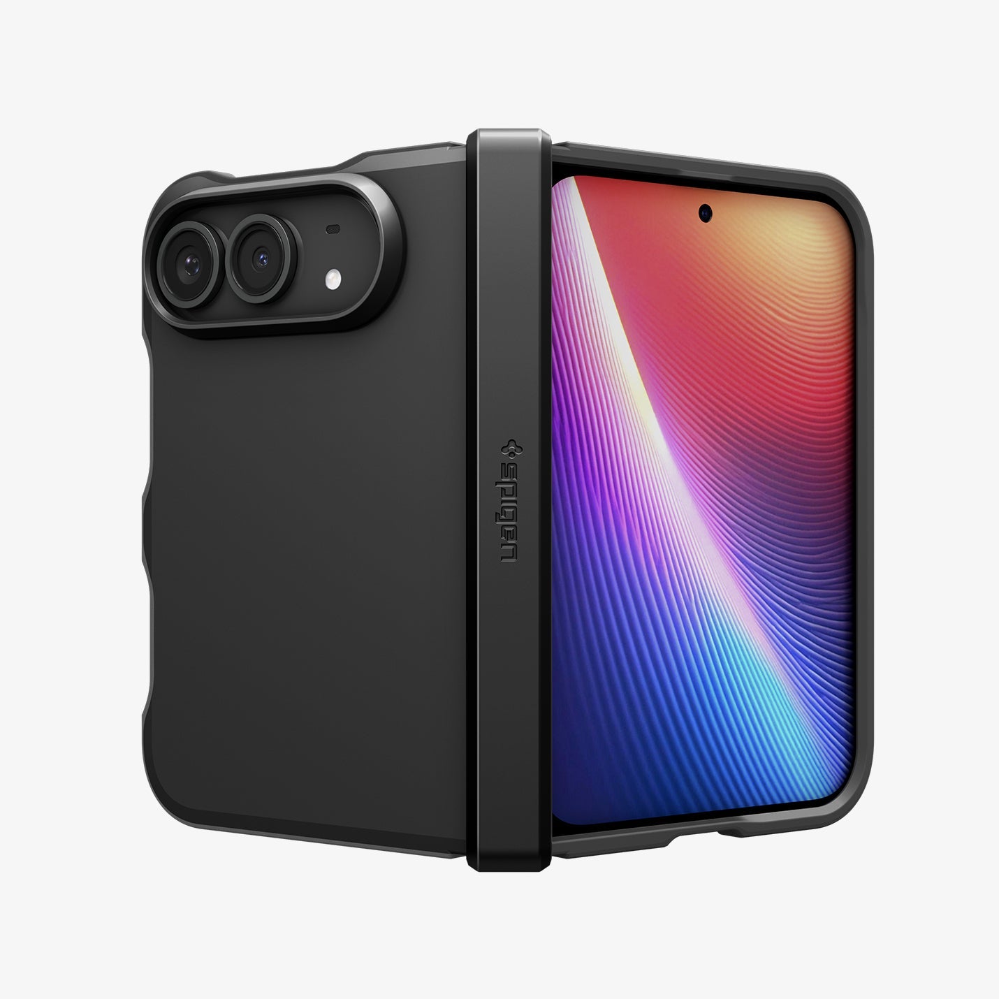 iPhone Duo Tough Armor Pro (Mag Fit) in Black showing the rugged case in a partially folded position with full hinge and camera protection