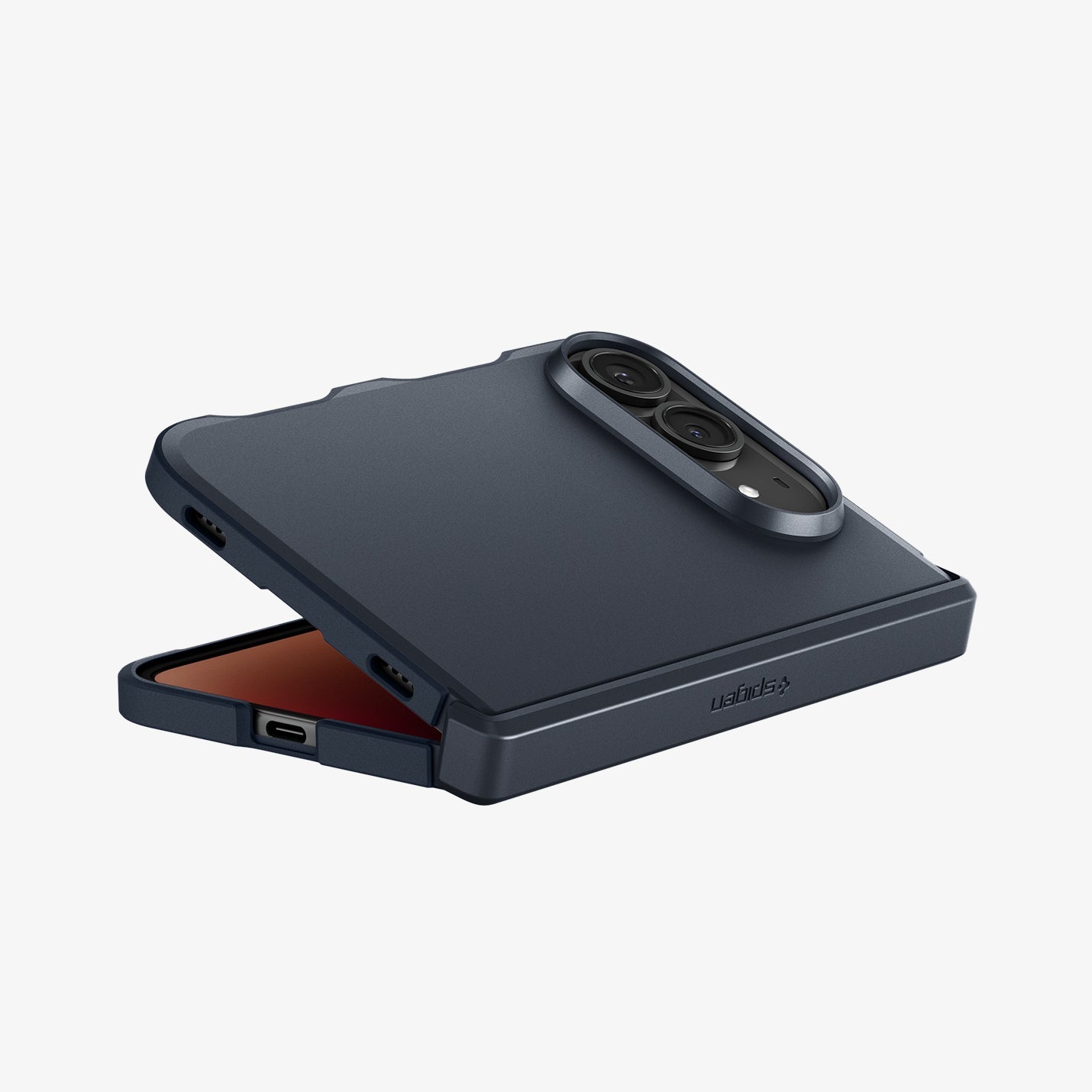 iPhone Duo Tough Armor Pro (Mag Fit) in Metal Slate showing the case partially folded with raised camera protection and reinforced edges