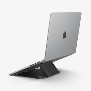 AMP11118 - Slim Fold Laptop Stand | Non-Adhesive | Black LD201-S9 showing MacBook laptop propped up with laptop stand