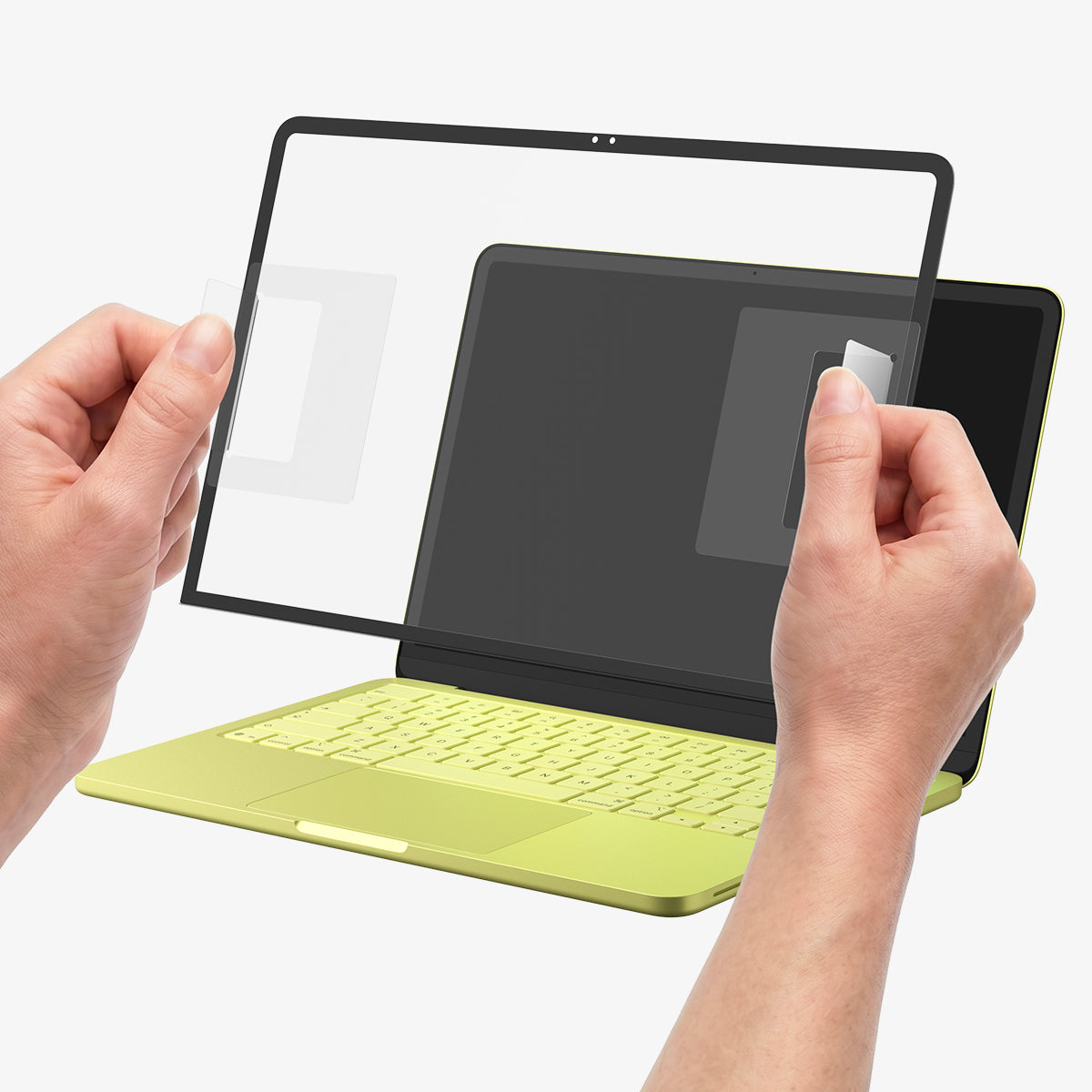 Spigen MacBook Neo 13-inch Glas.tR Slim in Clear showing how to attach it to the screen