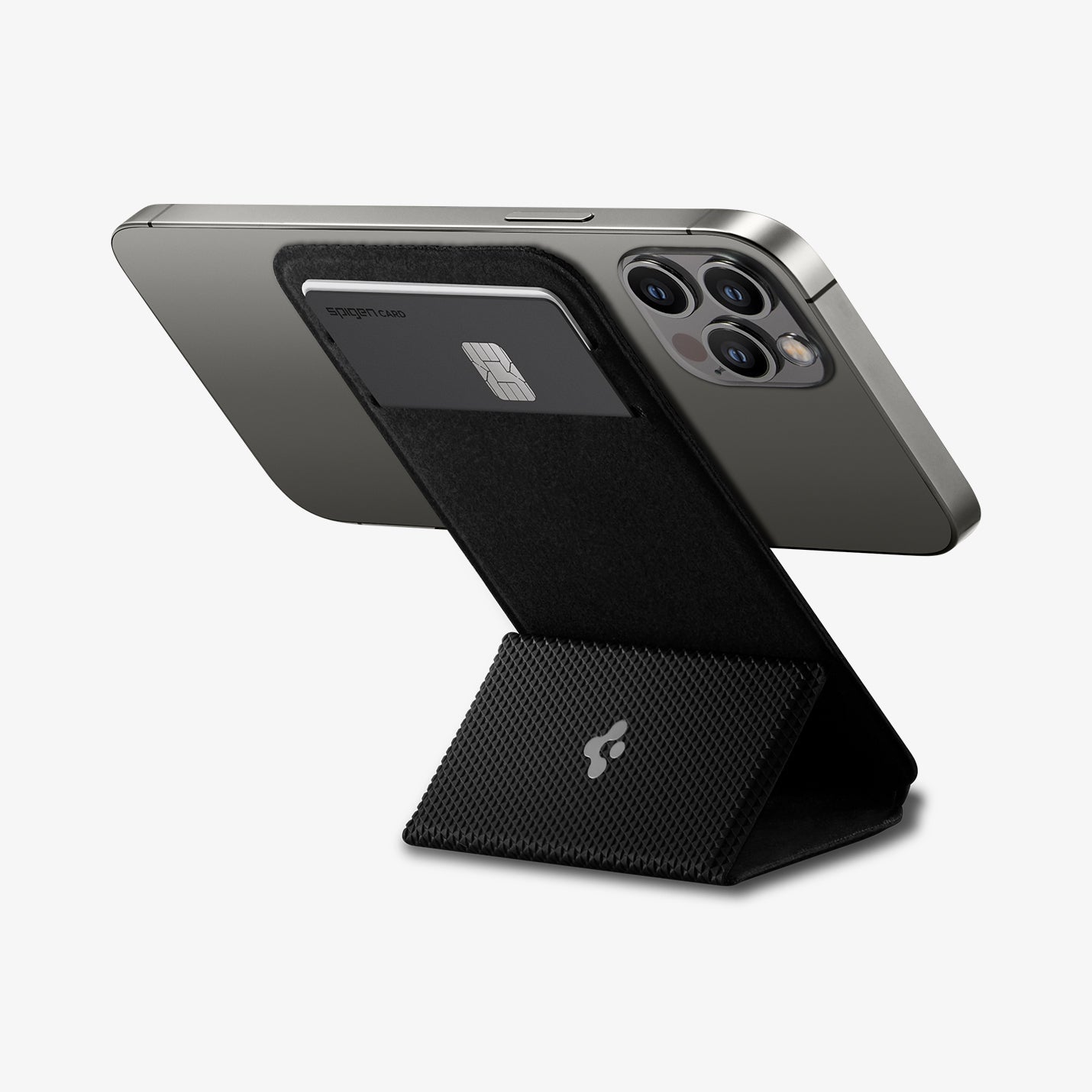 AMP02835 - Universal Card Holder Smart Fold in gunmetal showing the front attached to the back of a device