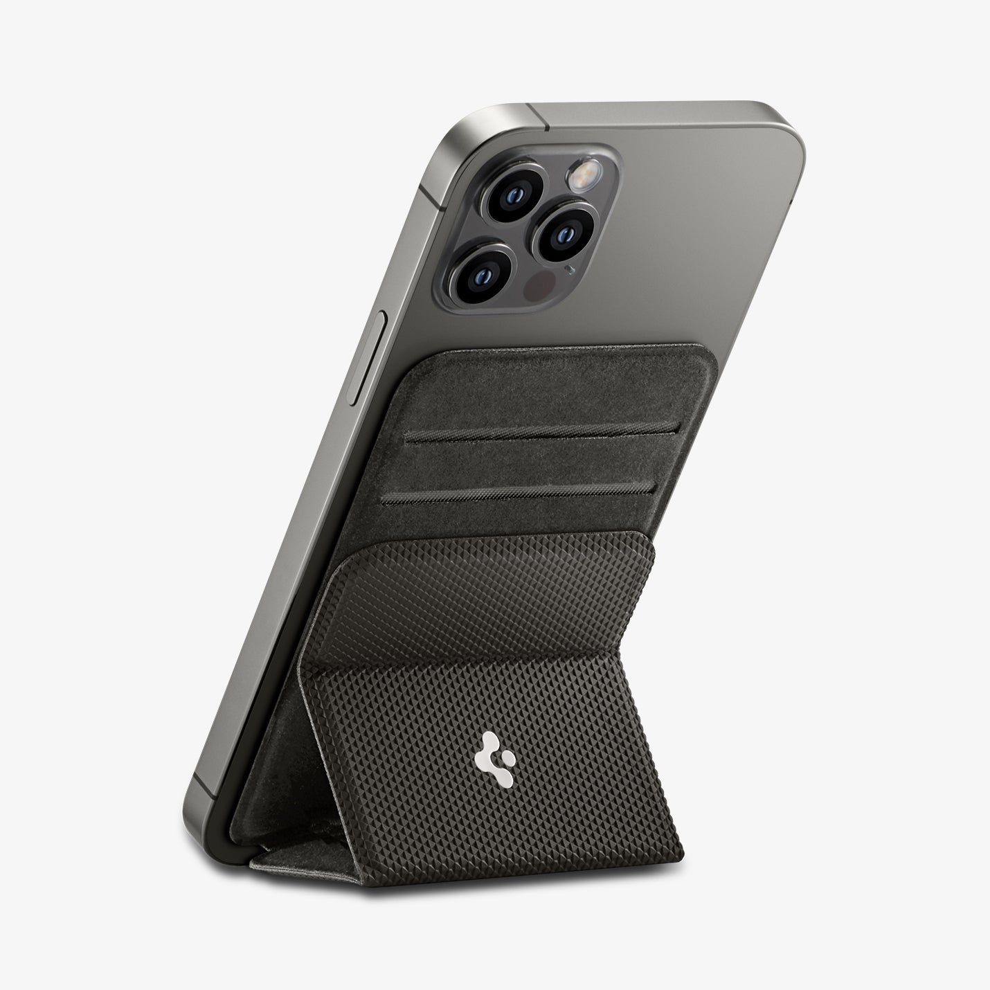 AMP02835 - Universal Card Holder Smart Fold in gunmetal showing the front attached to the back of a device