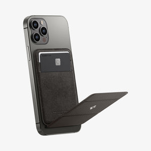 AMP02835 - Universal Card Holder Smart Fold in gunmetal showing the front attached to the back of a device