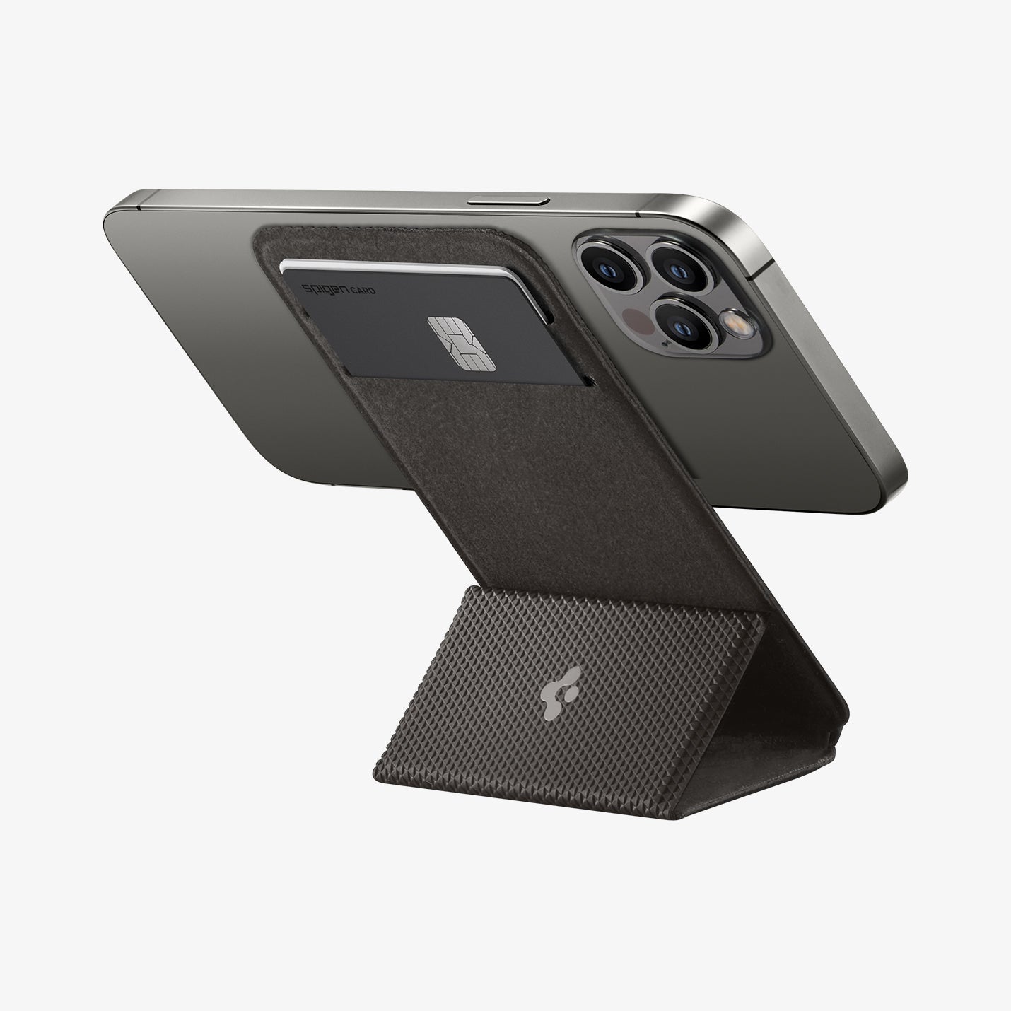 AMP02835 - Universal Card Holder Smart Fold in gunmetal showing the front attached to the back of a device