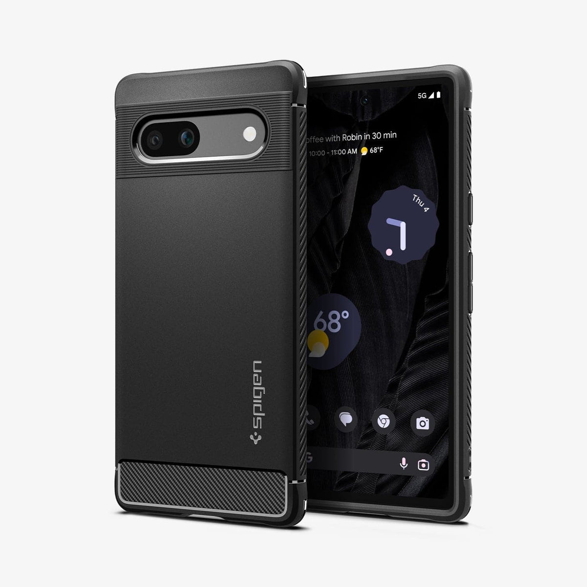 Spigen Google Pixel 7a Case – Rugged Armor — Matte Black front and rear views
