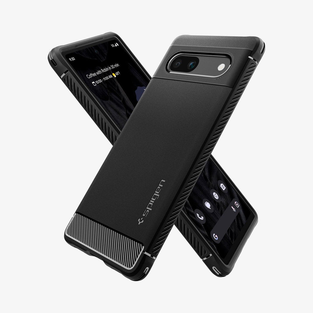 Spigen Google Pixel 7a Case – Rugged Armor — Matte Black angled front and rear views