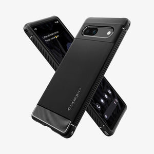Spigen Google Pixel 7a Case – Rugged Armor — Matte Black angled front and rear views