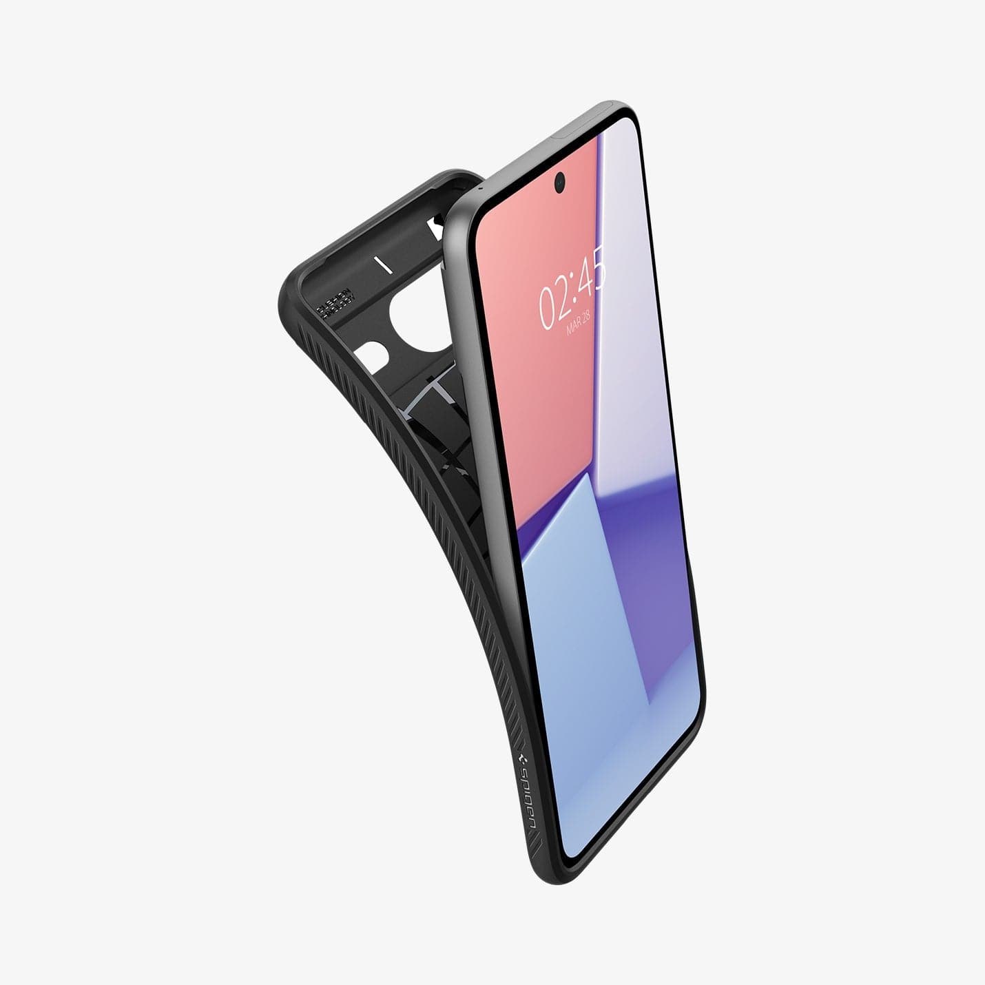 ACS06274 - Pixel 8 Case Liquid Air in Matte Black showing the front of the device and back case partially peeled off from behind