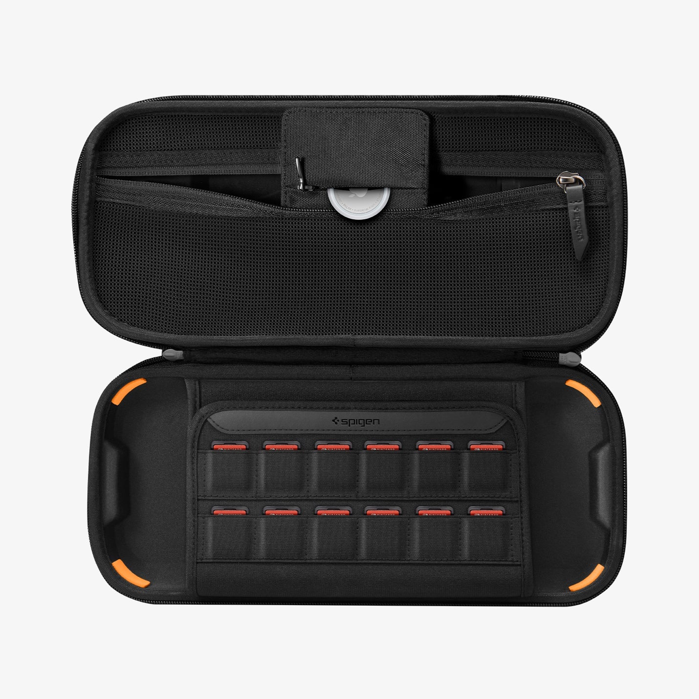 Interior of Spigen Rugged Armor Pro Switch 2 case with 12 game-card slots