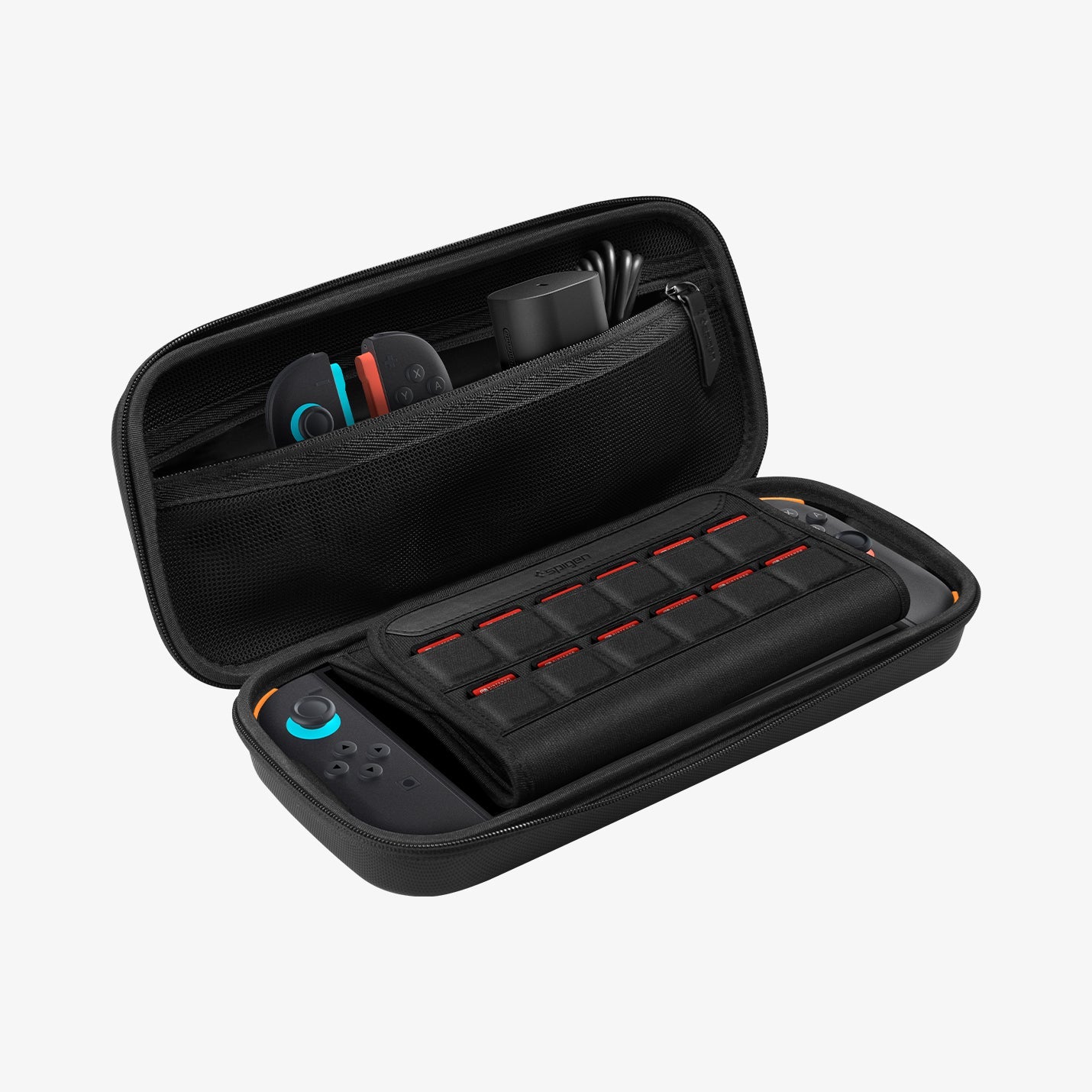 Open Spigen Rugged Armor Pro case with Nintendo Switch 2 and accessories