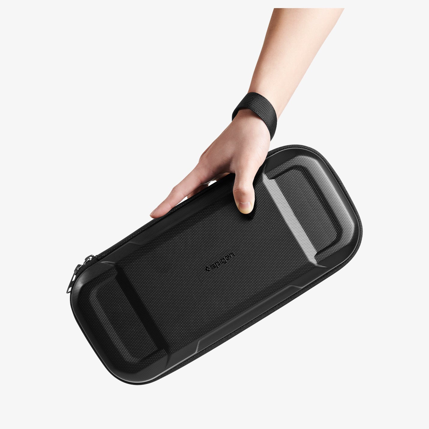 Person carrying Spigen Rugged Armor Pro Switch 2 case by the wrist strap