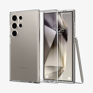 ACS07283 - Galaxy S24 Ultra Case Liquid Crystal in Crystal Clear showing the back, in between, is a clear tpu back case and a device facing front with stylus pen leaning on the side of a device