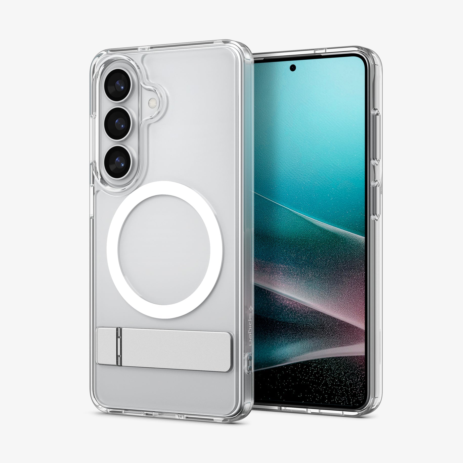 Spigen Galaxy S26 Case - Ultra Hybrid S (Mag Fit) Clear White showing the back with the device, partial back case only, partial front and sides