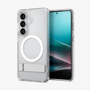 Spigen Galaxy S26 Case - Ultra Hybrid S (Mag Fit) Clear White showing the back with the device, partial back case only, partial front and sides