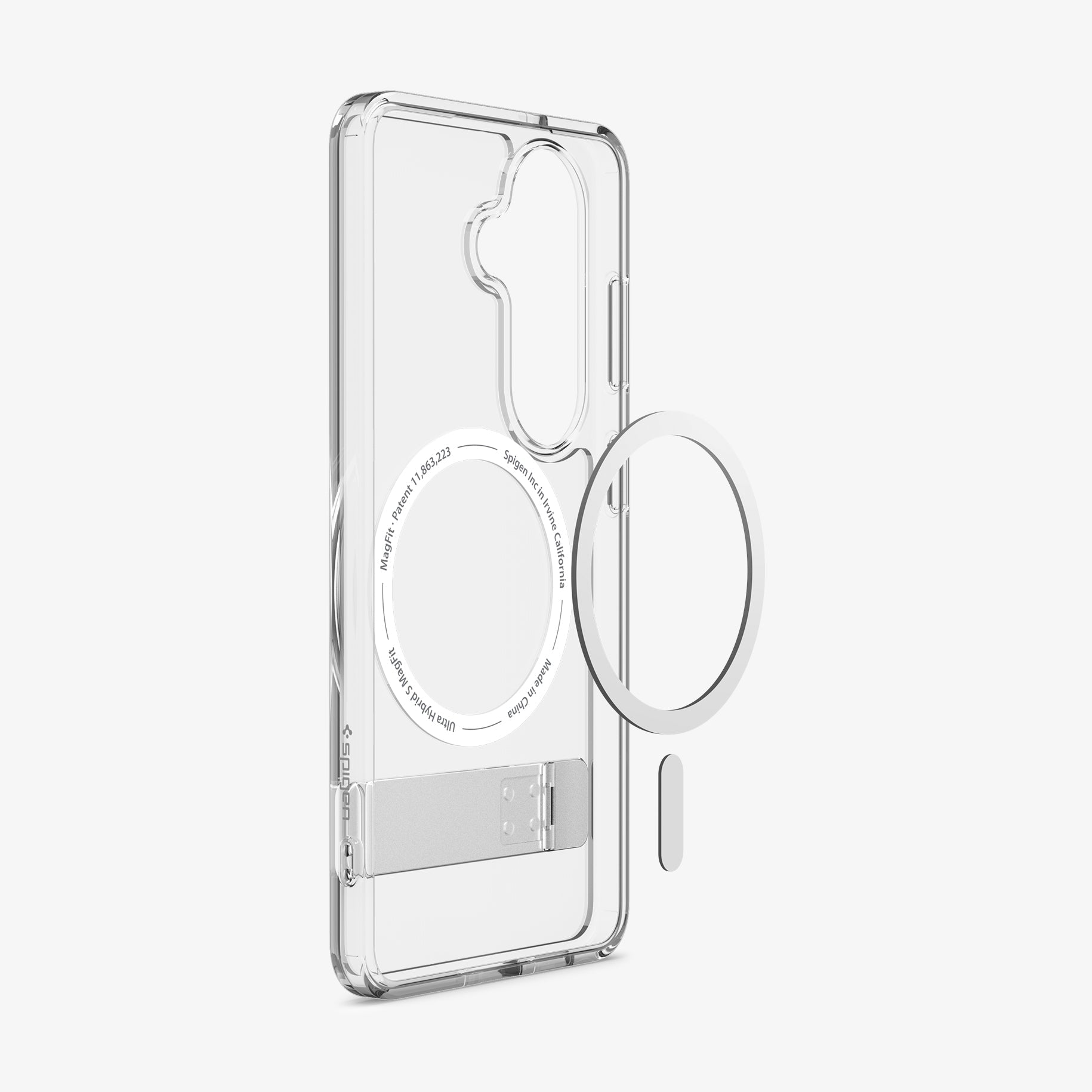 Spigen Galaxy S26 Case - Ultra Hybrid S (Mag Fit) Clear White showing the back and partial side with kickstand and mag fit technology
