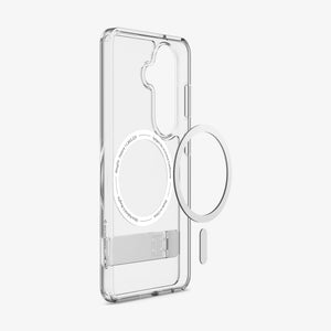 Spigen Galaxy S26 Case - Ultra Hybrid S (Mag Fit) Clear White showing the back and partial side with kickstand and mag fit technology