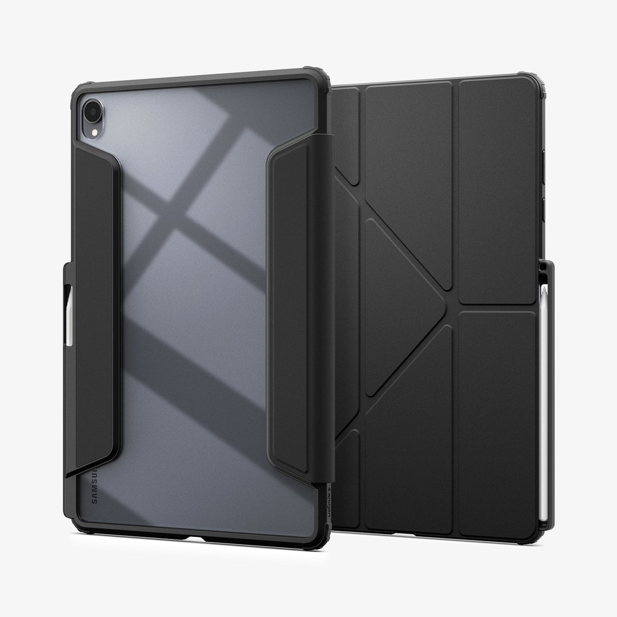 Galaxy Tab S12+ Air Skin Pro in Black showing front and back views of a folio tablet case with a transparent back panel, geometric folding cover, and stylus storage.