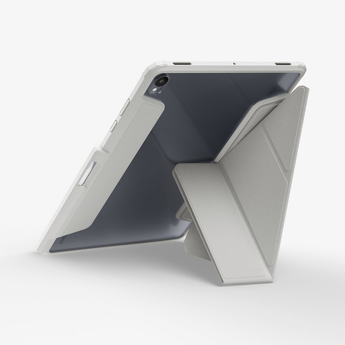 Galaxy Tab S12+ Air Skin Pro in Gray showing the back of a tablet case with the geometric cover folded into an angled stand position.