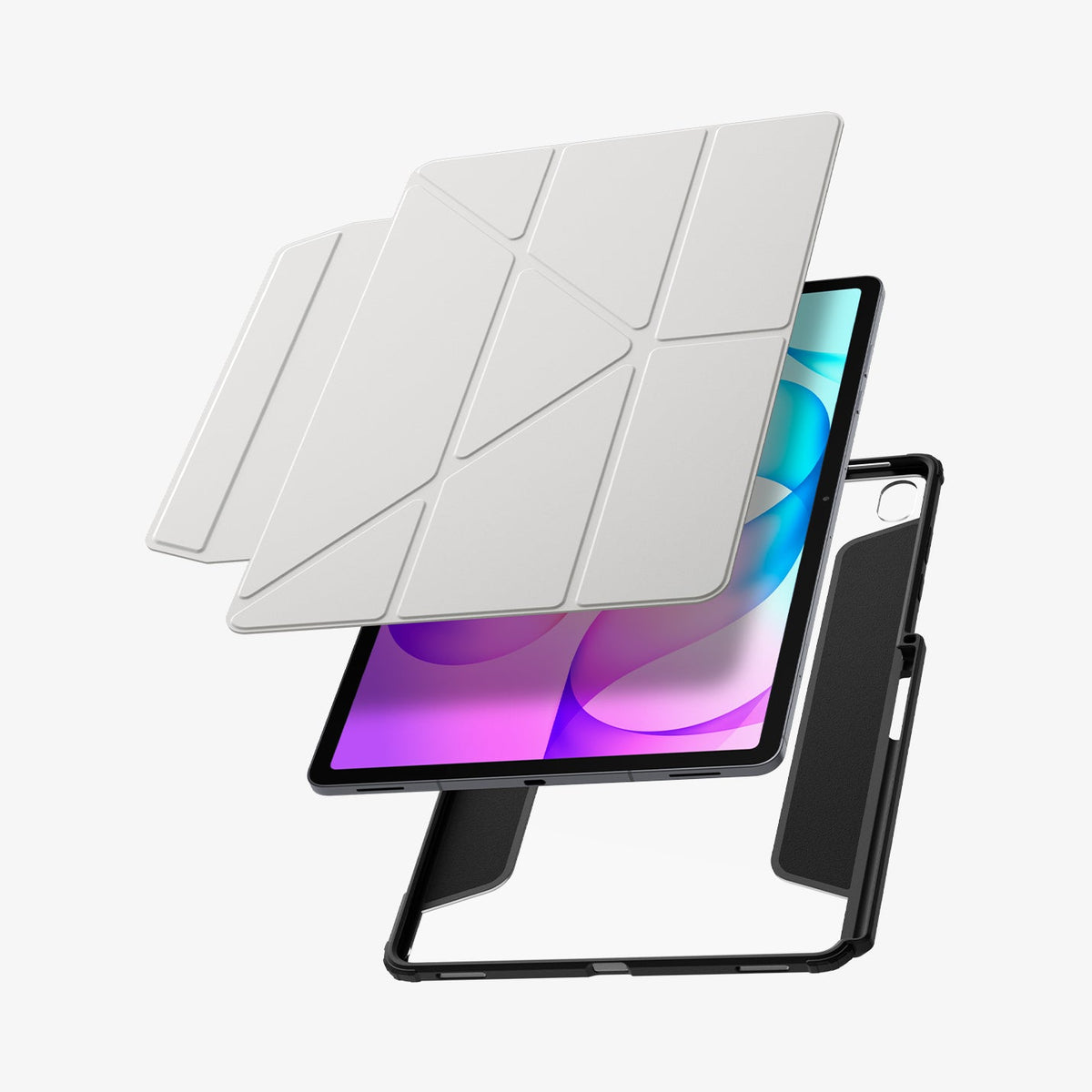 Galaxy Tab S12+ Air Skin Pro in Gray showing an exploded view of a tablet, protective frame, and detachable geometric folding cover.