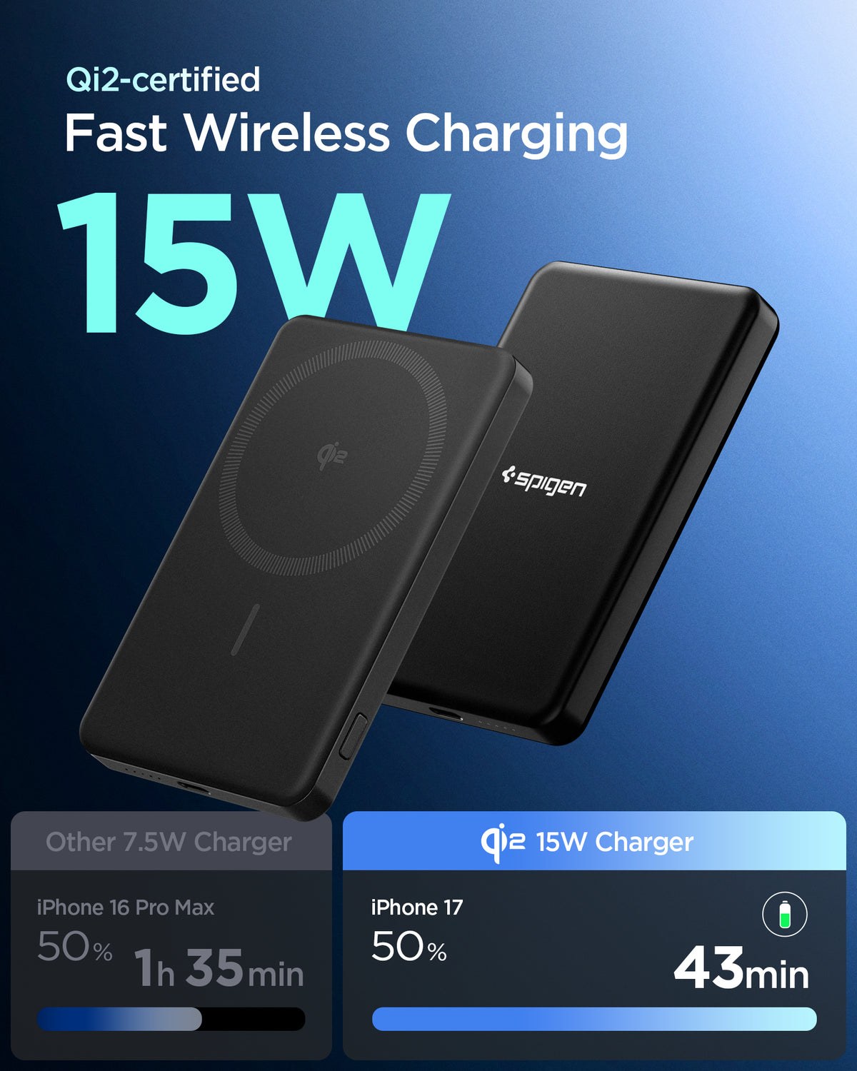 Spigen EA2205MQ black power bank showing Qi2-certified 15W wireless charging