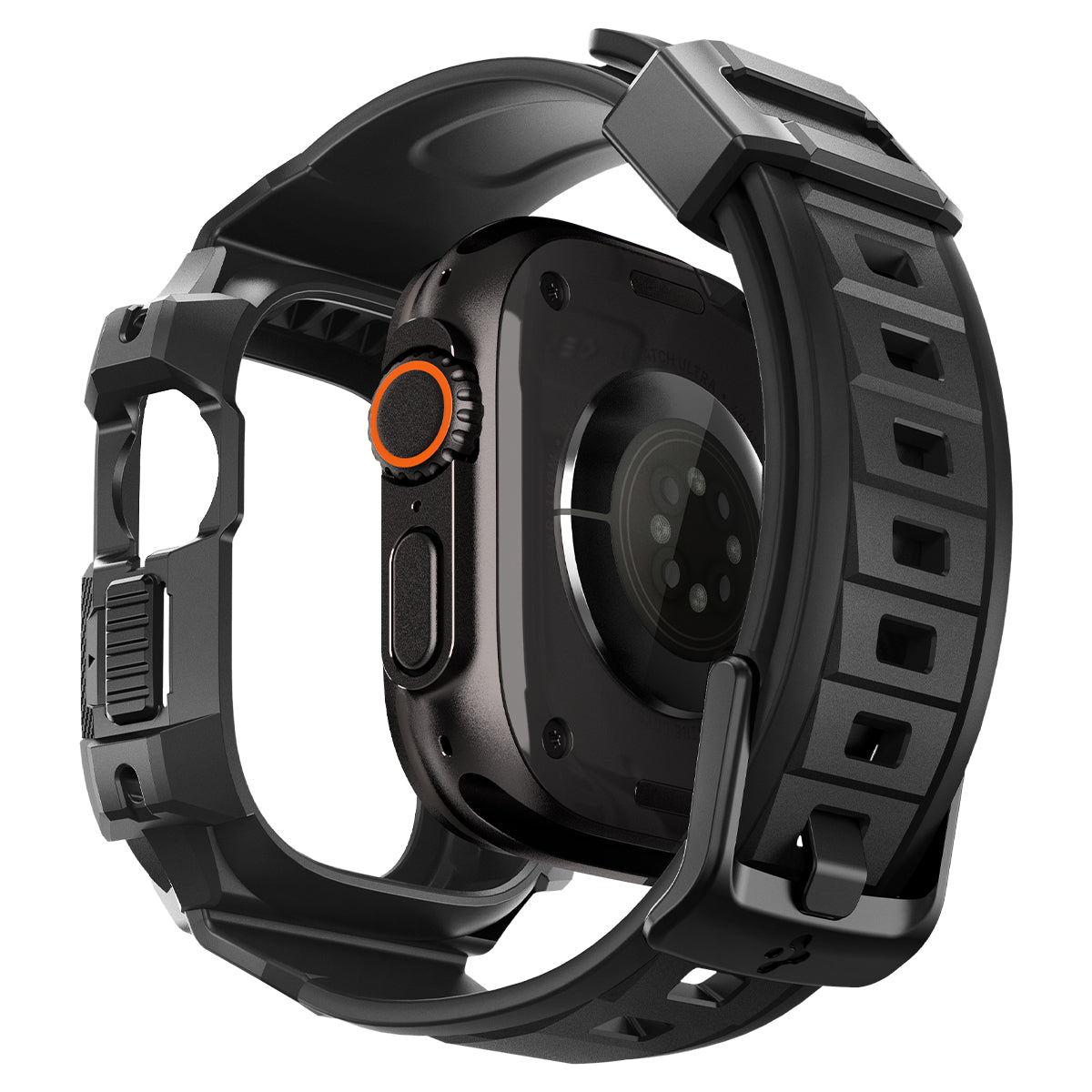 Spigen Apple Watch Ultra 4 / 3 / 2 / 1 (49mm) Case + Band – Rugged Armor Pro with Glass — Black, construction, fit or installation view 7