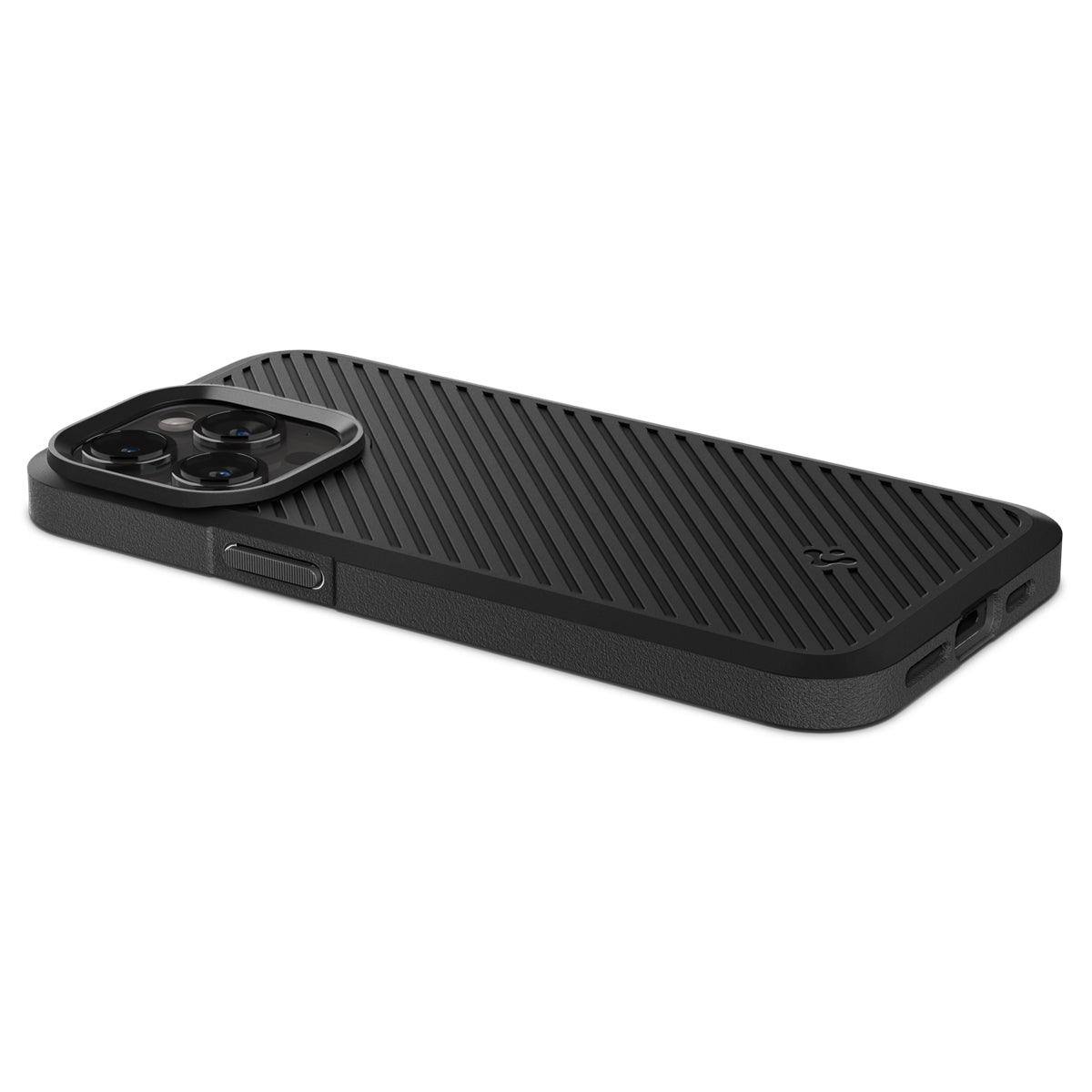 Spigen iPhone 15 Pro Core Armor case in Matte Black - low-angle rear view showing camera lip and port cutouts