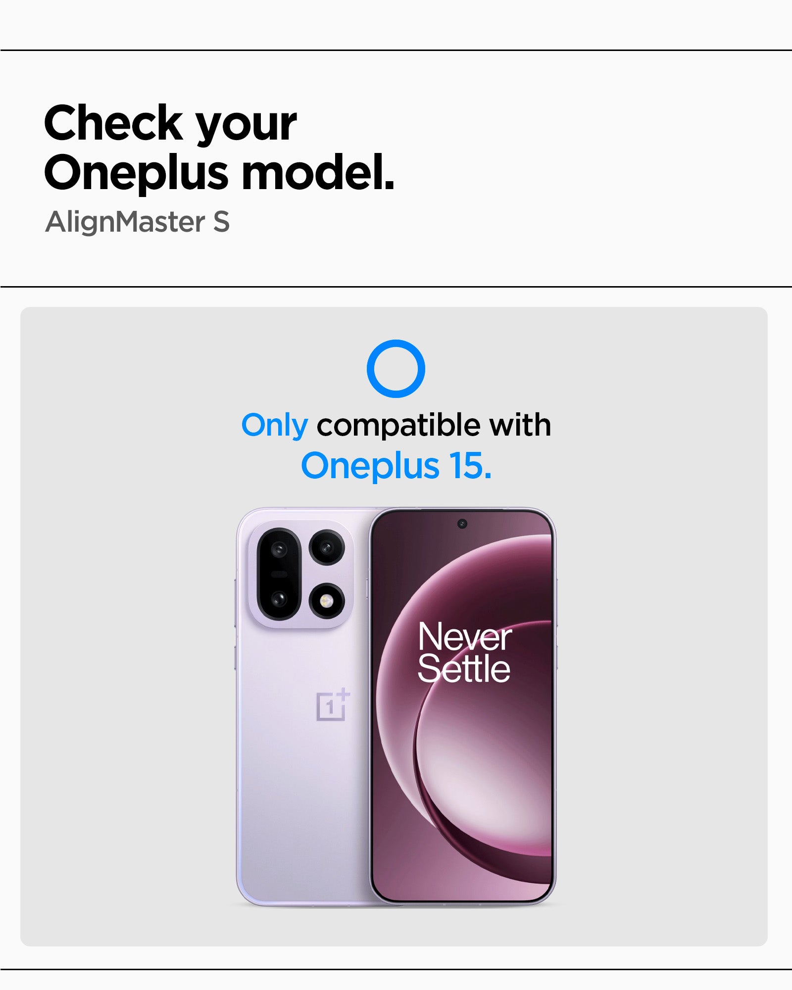 Compatibility graphic confirming GLAS.tR AlignMaster S for OnePlus 15