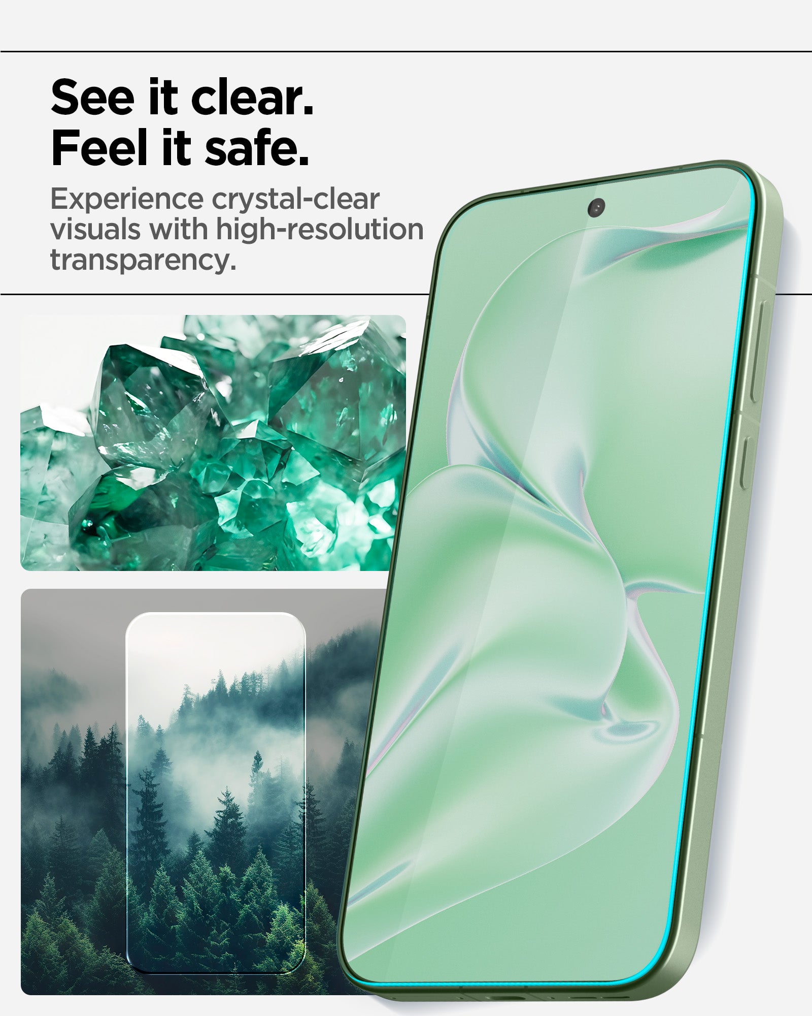 Crystal-clear viewing graphic for Spigen OnePlus 15R glass