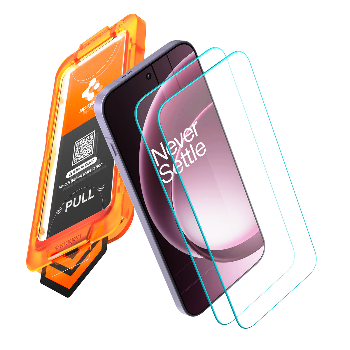 Exploded view of two clear OnePlus 15 protectors and AlignMaster S tray