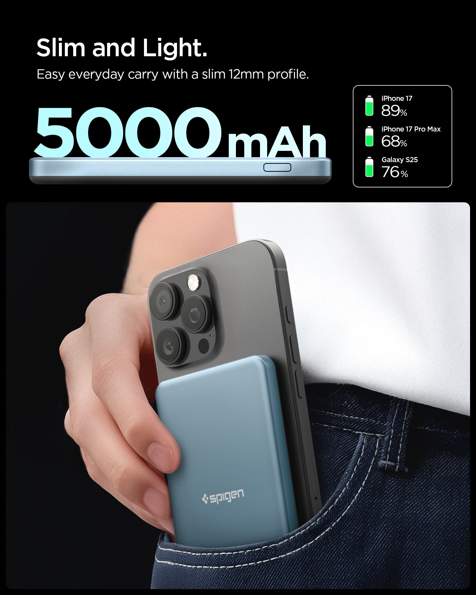Slim 12mm Teal Blue Spigen 5000mAh magnetic power bank in hand